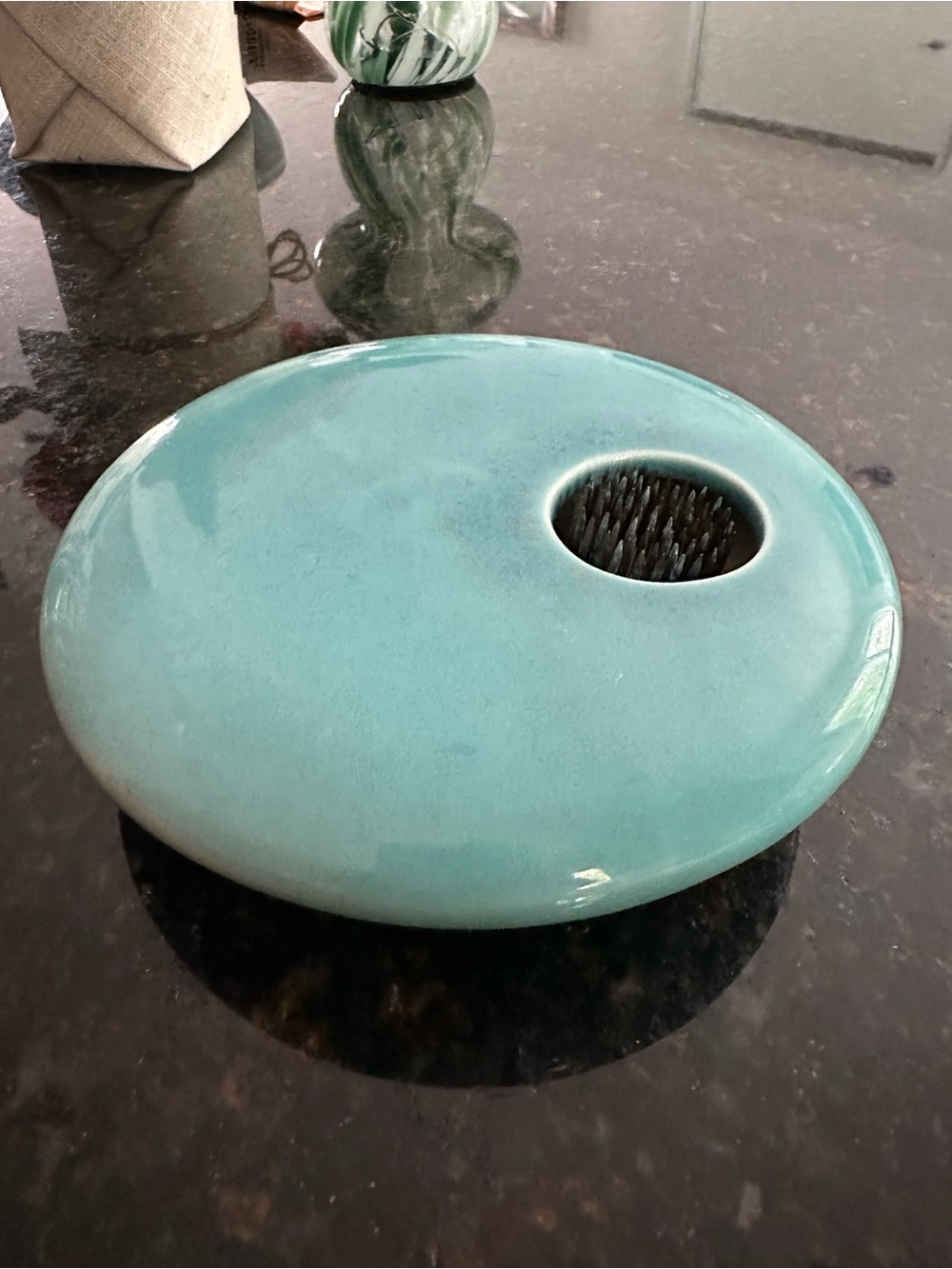 Japanese Handmade Ceramic Ikebana Vase w/ Signature of Artist Turquoise Glaze